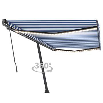 Manual Retractable Awning with LED | Blue & White | 500x350 cm