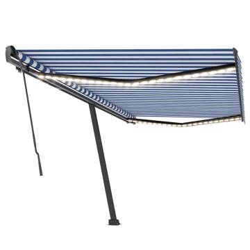 Manual Retractable Awning with LED | Blue & White | 500x350 cm