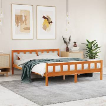 Bed Frame with Headboard Wax Brown King Size - Solid Pine Wood