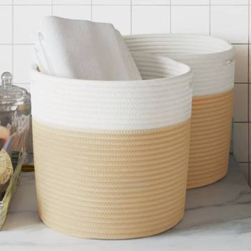 Stylish Beige & White Cotton Storage Baskets - 2 pcs Ø28x28 cm