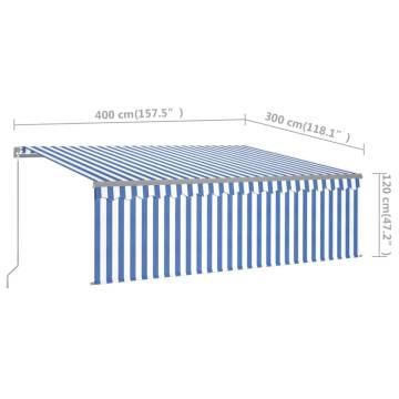 Manual Retractable Awning 4x3m Blue & White with LED Lights