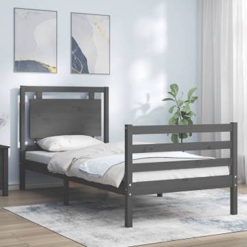 Grey Bed Frame with Headboard 90x200 cm - Solid Wood