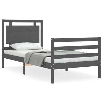 Grey Bed Frame with Headboard 90x200 cm - Solid Wood