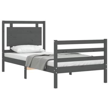 Grey Bed Frame with Headboard 90x200 cm - Solid Wood