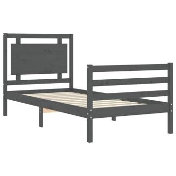 Grey Bed Frame with Headboard 90x200 cm - Solid Wood