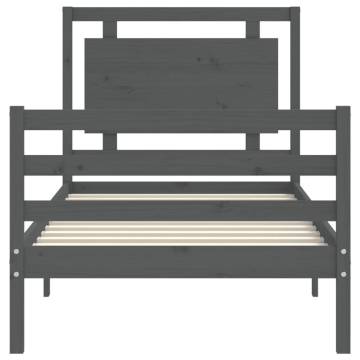 Grey Bed Frame with Headboard 90x200 cm - Solid Wood