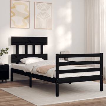 Black Bed Frame with Headboard - 90x200 cm Solid Wood