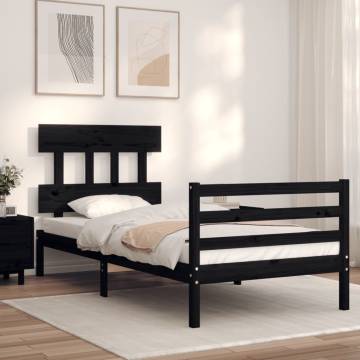 Black Bed Frame with Headboard - 90x200 cm Solid Wood