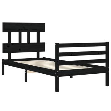 Black Bed Frame with Headboard - 90x200 cm Solid Wood