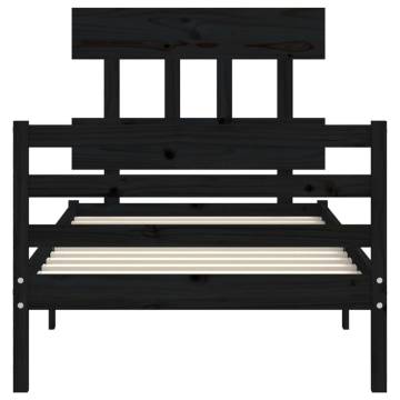 Black Bed Frame with Headboard - 90x200 cm Solid Wood