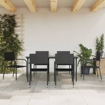 7 Piece Garden Dining Set - Black Poly Rattan & Steel