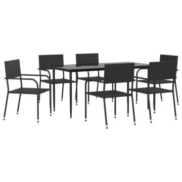 7 Piece Garden Dining Set - Black Poly Rattan & Steel