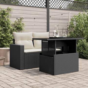 Garden Table with Glass Top - Black Poly Rattan