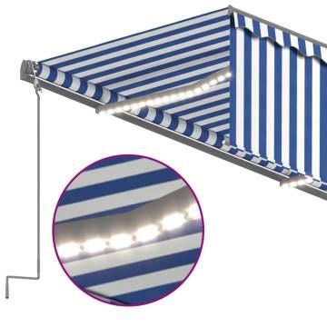 Retractable Awning with Blind & LED - 5x3m Blue & White