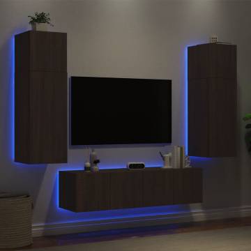 6 Piece TV Wall Units with LED - Brown Oak Engineered Wood