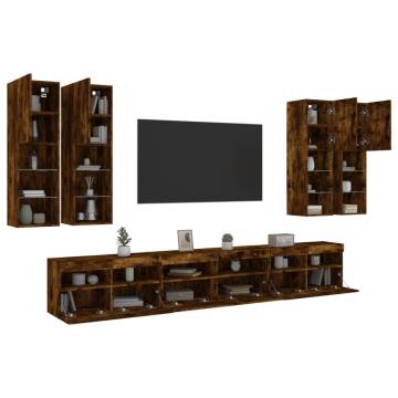 7 Piece TV Wall Cabinet Set with LED Lights - Smoked Oak