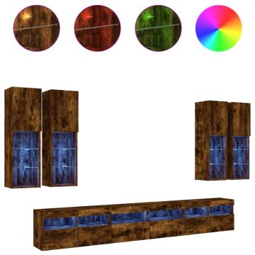 7 Piece TV Wall Cabinet Set with LED Lights - Smoked Oak