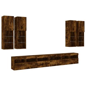 7 Piece TV Wall Cabinet Set with LED Lights - Smoked Oak