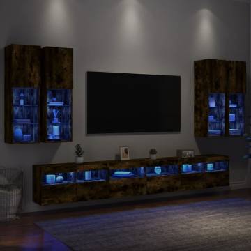 7 Piece TV Wall Cabinet Set with LED Lights - Smoked Oak