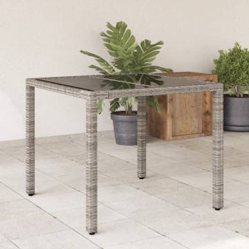 Stylish Garden Table with Glass Top - Grey Poly Rattan 90x90cm