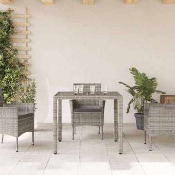 Stylish Garden Table with Glass Top - Grey Poly Rattan 90x90cm