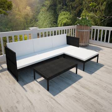 3 Piece Garden Lounge Set with Cushions - Poly Rattan Black