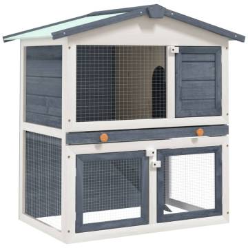 Outdoor Rabbit Hutch with 3 Doors - Grey Wood