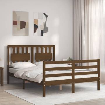 Honey Brown Small Double Bed Frame with Headboard - Solid Wood