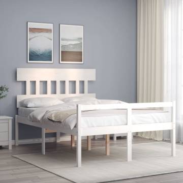 White Small Double Bed Frame with Headboard - Solid Wood