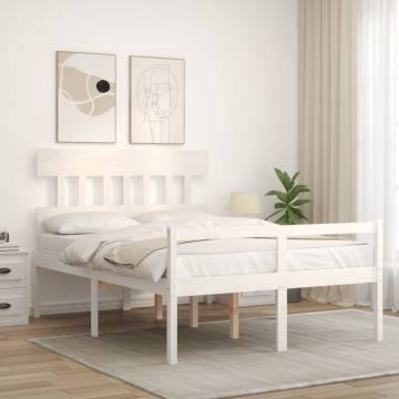 White Small Double Bed Frame with Headboard - Solid Wood