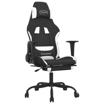 Gaming Chair with Footrest - Stylish Black & White Fabric