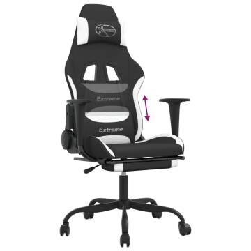 Gaming Chair with Footrest - Stylish Black & White Fabric