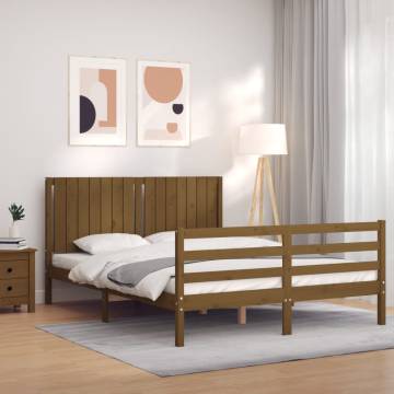 Honey Brown King Size Bed Frame with Headboard - Solid Wood