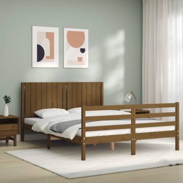 Honey Brown King Size Bed Frame with Headboard - Solid Wood