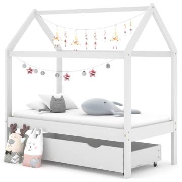 Kids Bed Frame with Drawer - White Pine Wood, 70x140 cm