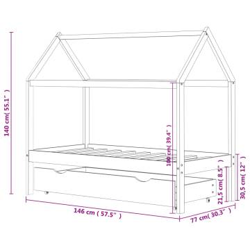 Kids Bed Frame with Drawer - White Pine Wood, 70x140 cm