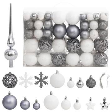 111 Piece White & Grey Christmas Bauble Set - Shatterproof Decor