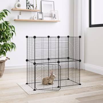 12-Panel Pet Cage with Door - Durable Steel, 35x35 cm Black