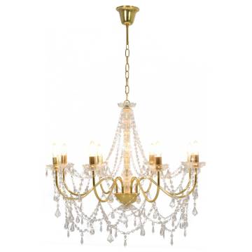 Elegant Golden Chandelier with Beads - 8 E14 Bulbs