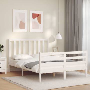 White Bed Frame with Headboard 140x200 cm - Solid Wood