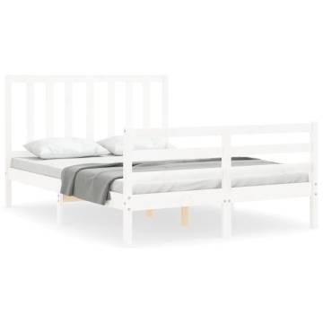 White Bed Frame with Headboard 140x200 cm - Solid Wood