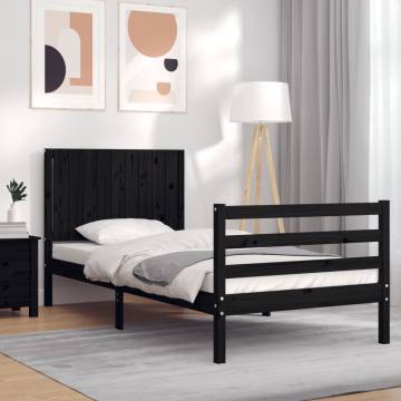 Black Bed Frame with Headboard - 90x200 cm Solid Wood