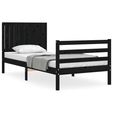 Black Bed Frame with Headboard - 90x200 cm Solid Wood