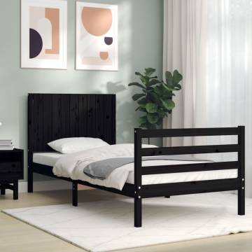 Black Bed Frame with Headboard - 90x200 cm Solid Wood