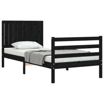 Black Bed Frame with Headboard - 90x200 cm Solid Wood