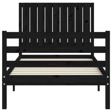 Black Bed Frame with Headboard - 90x200 cm Solid Wood