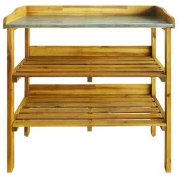 Potting Bench with 2 Shelves - Solid Acacia Wood & Zinc