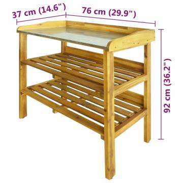 Potting Bench with 2 Shelves - Solid Acacia Wood & Zinc