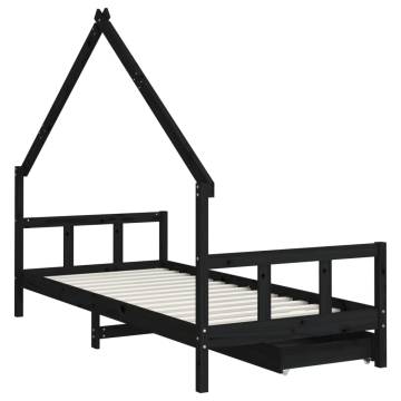 Kids Bed Frame with Drawers - Black Solid Pine 90x200 cm