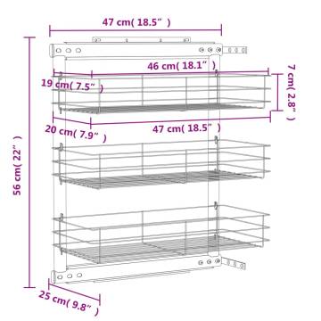 3-Tier Pull-out Kitchen Wire Basket - Silver 47x25x56 cm